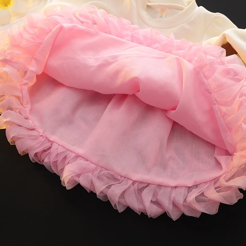 2024new girls\' autumn dress Internet celebrity puffy pink mesh round neck long sleeve sweet princess style skirt