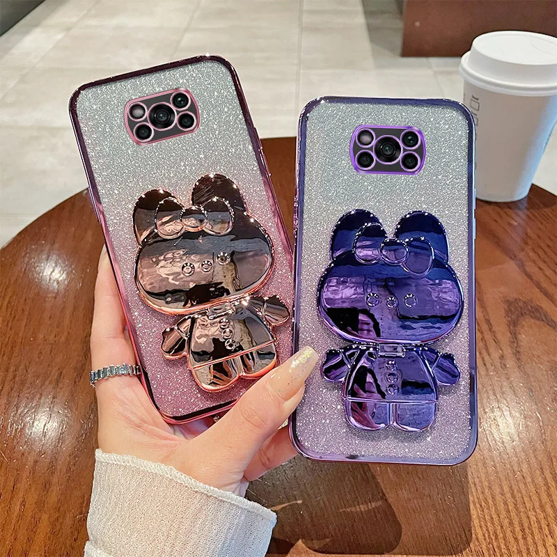 Luxury Gradient Pink Bunny Makeup Fix Mirror Plating Back Cover For Xiaomi Poco X3 Poco X3 Nfc Poco X3 Pro X 3 Phone Case Cover