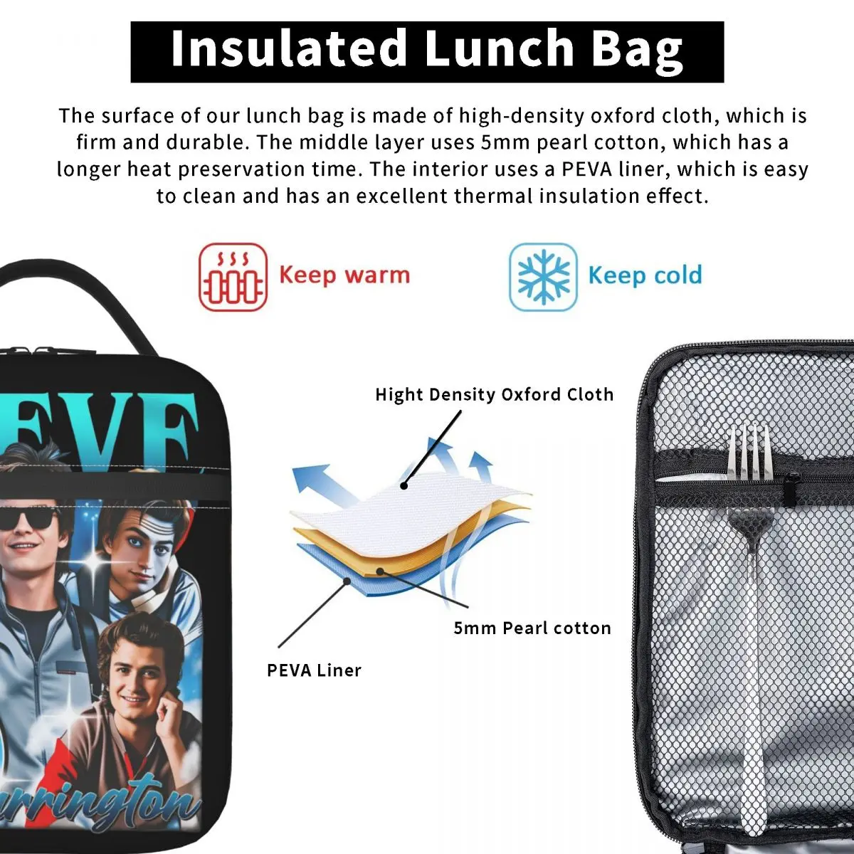 حقيبة غداء ستيف هارينجتون، صندوق غداء للنزهات للبالغين، حقائب طعام مقاومة للماء، حقيبة تبريد مريحة #3