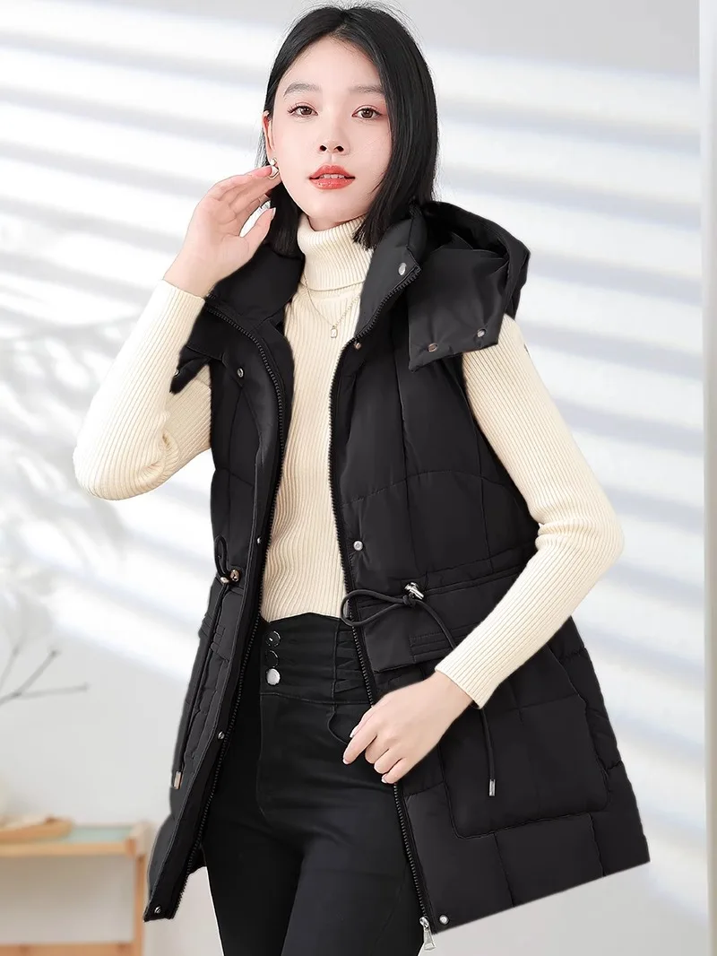 

Bla down Cotton Vest Women's 2025 Autumn Winter New Medium Length Waist Cinch oulder Padded Jaet Outerwear