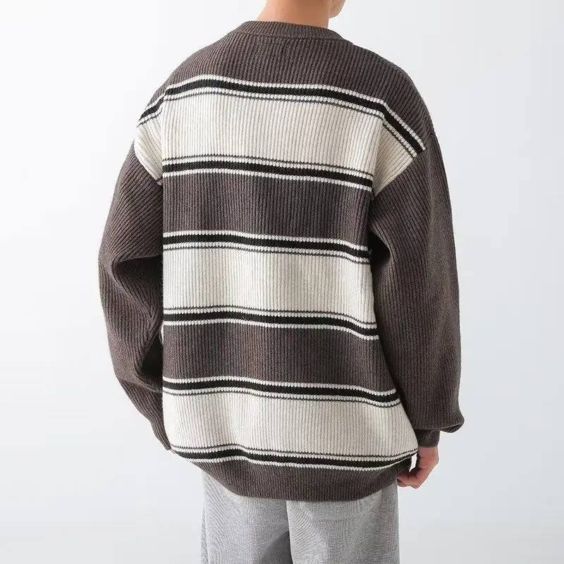 2023 Autumn New Light Luxury Fashion Striped Round Neck Sweater Men Retro Loose Casual Bottoming Sweater Top Boutique Clothing