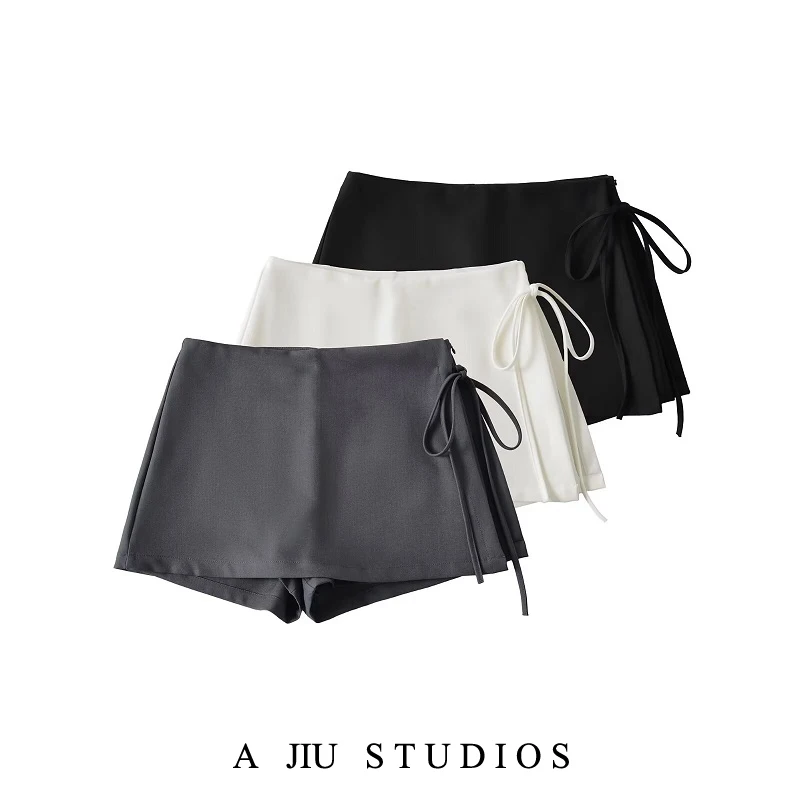 Saia-calça cinza com laço, estilo retrô americano, design f versátil, saia  evasê em linha A, saia de meia-largura.