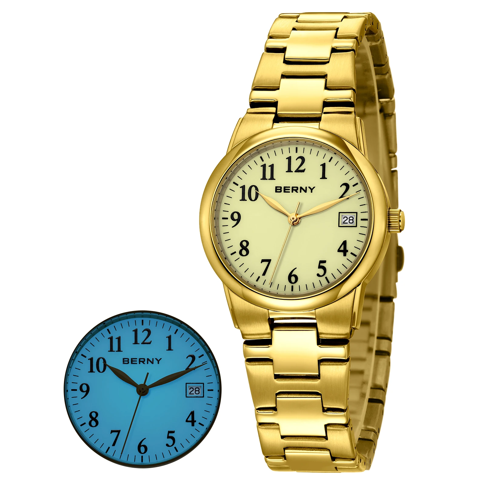 

BERNY Golden Watches for Women Full Luminous Dial Fashion Casual Ladies Quartz Watch Calendar Easy Read Elegant Wristwatch