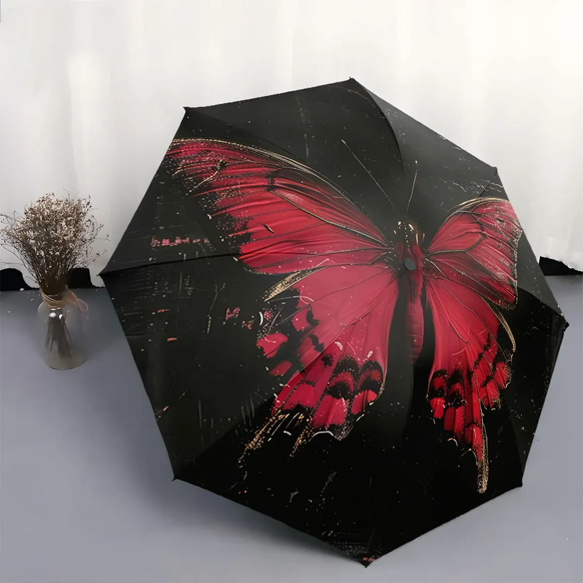 

Automatic Open/Close Umbrella with One-Touch Button - Large Red Butterfly Pattern, Compact Folding Umbrella with Windproof Rib