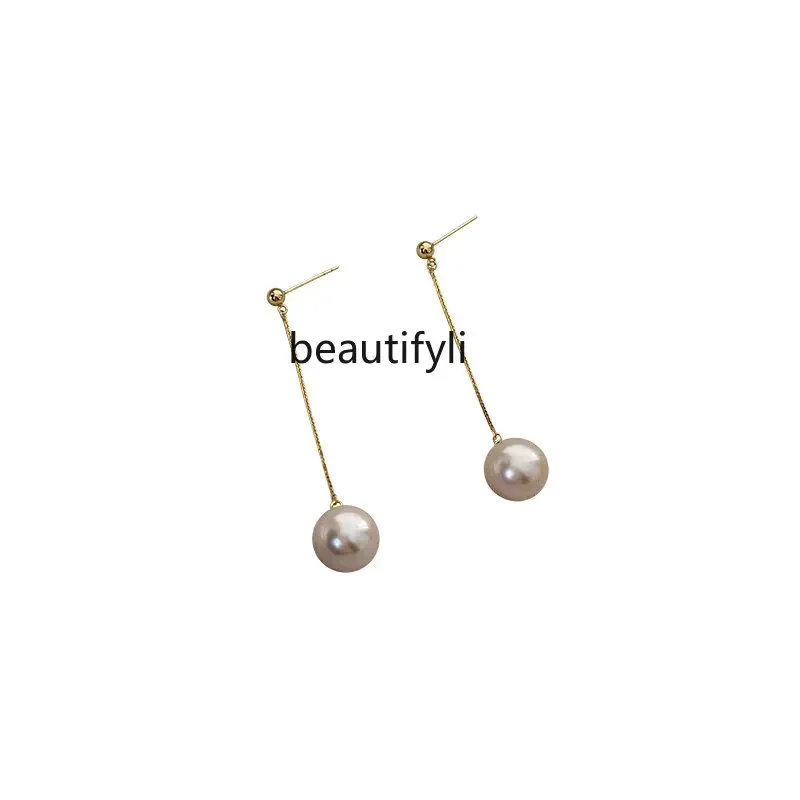 yj Exquisite High-End 18K Real Gold Natural Strong Light Pearl Stud Earrings All-Matching Graceful Long Ear Line