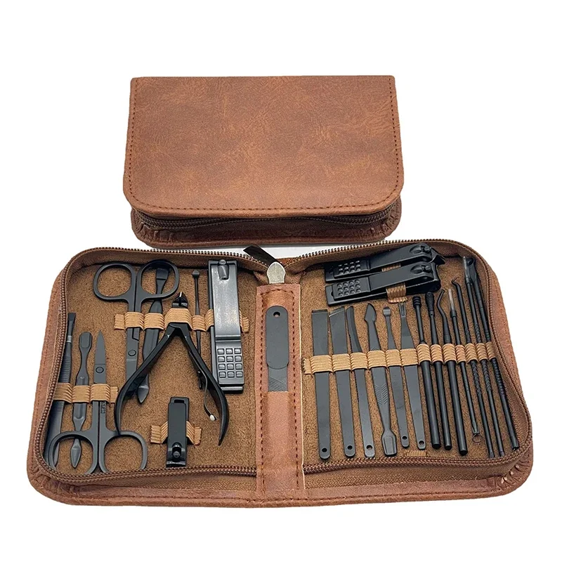 Ensemble de Manucure Marron avec Étui en Cuir, Analyste d'Outils Professionnels pour Soins des Pieds et du Visage, Coupe-Ongles en Acier Inoxydable, Cadeau, 26 Pièces