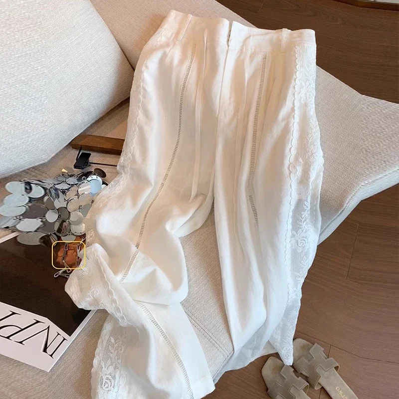 

Новые летние белые ажурные кружевные лоскутные брюки женские в китайском стиле льняные широкие брюки свободные литературные прямые брюки