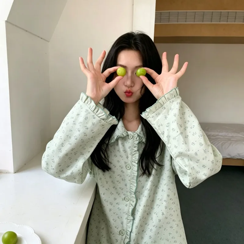 Women Autumn Spring Floral Print Pajama Set Long Sleeve Button Down Sleepwear Ruffle Collar 2 Piece Loungewear Home Suit Cozy