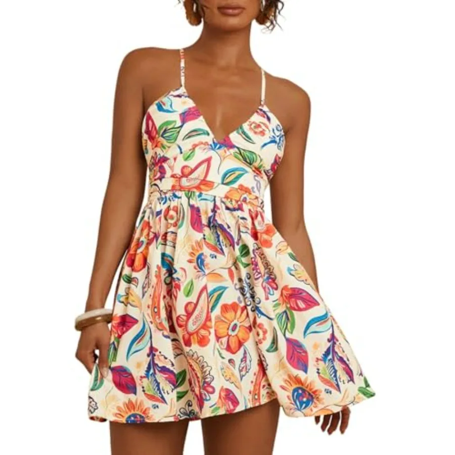 

Floerns Women's Boho Tropical Mini Dress Spaghetti Strap Criss Cross Tie Back Summer Dresses Sundress
