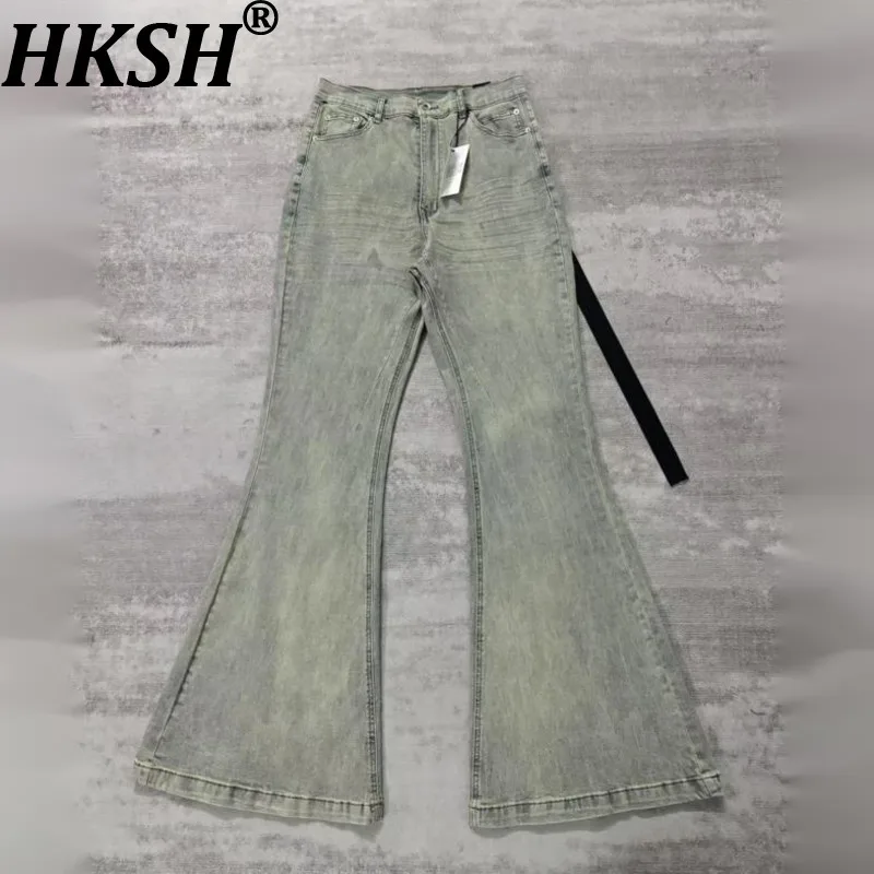 

HKSH оригинальный бренд RO темные винтажные потертые расклешенные широкие джинсовые брюки для похудения сложенные джинсы длиной до пола морщинистые кошачьи джинсы HK17077