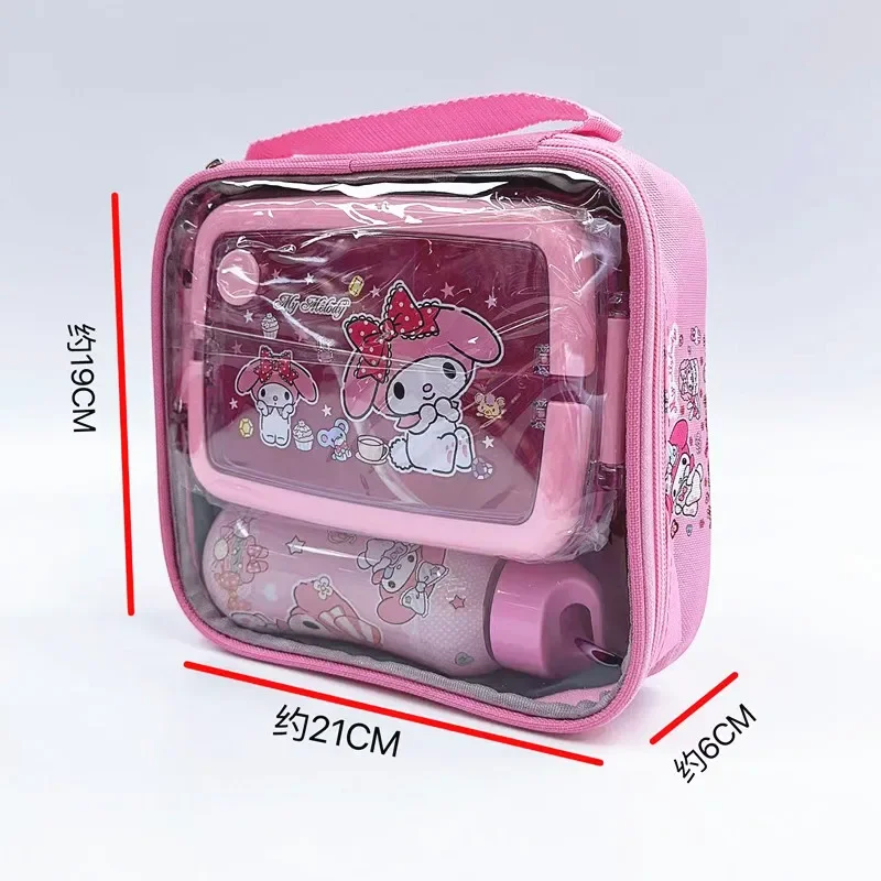 Kawaii Hello Kitty Lunch Box bollitore vestito MINISO Anime Kuromi bambini Cartoon tre griglia Lunch Box paglia tazza d'acqua nuovo