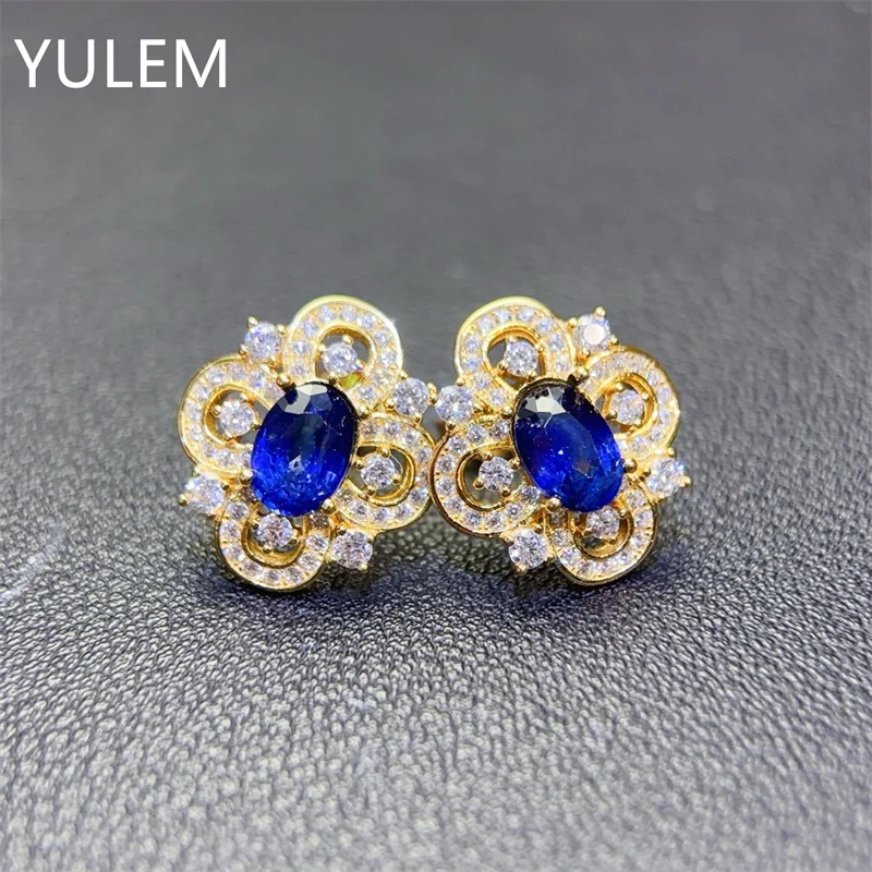 YULEM 925 Sterling Silver Natural Sapphire Stud Earrings Gold Plated Vintage Hollow Flower Halo Zircon Women Fine Jewelry