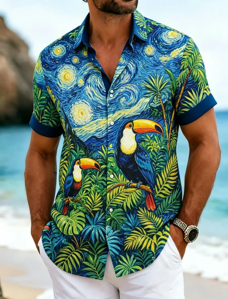 Men's Casual Starry Night Print  Shirt, Dynamic Art Style for Summer Getaways, Beachwear, Office Casual & Street Fashion