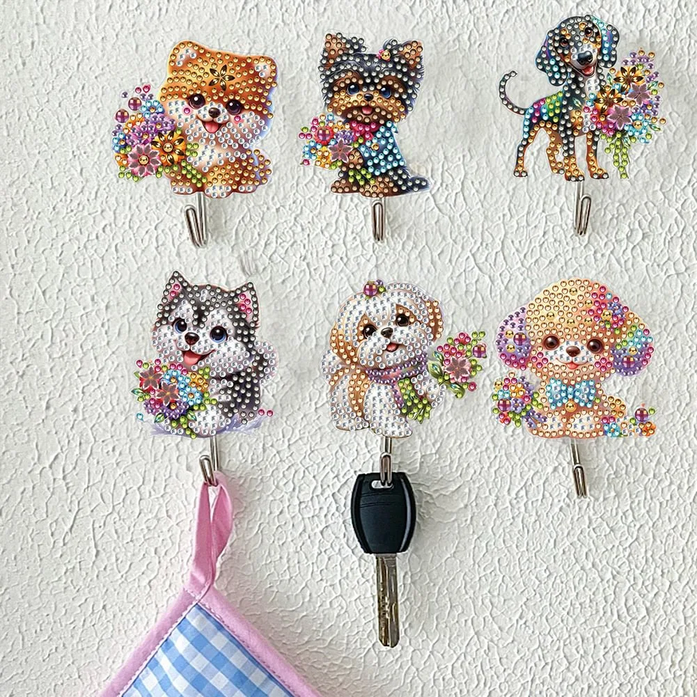 

Lovely Puppy Wall-mounted Key Hook Hanging Material Handicrafts Diamond Painting Home Decoration Gift 6Pcs