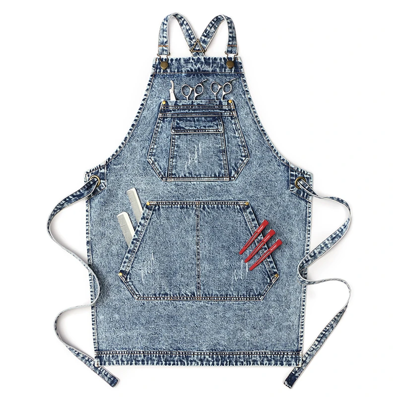 Thickened Resist Wear Washed Denim Apron Fashion Big Pocket Kitchen Home Work Barber Coffee Shop Milk Tea Shop Woman Man Apron