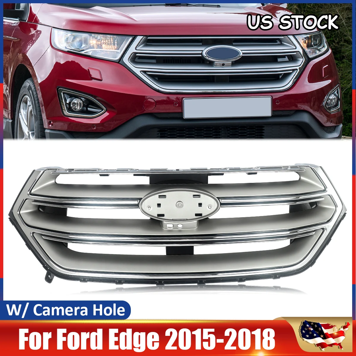 

SAIQINGSP 1Pcs Front Bumper Upper Grille Grill fit for 2015-2018 Ford Edge With Camera Hole Car Accessories Tools