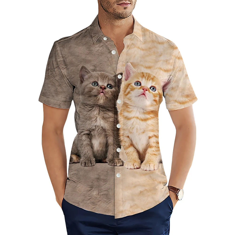 Hx animais camisas masculinas gatinho bonito 3d impresso camisa casual verão camisas de manga curta para roupas masculinas dropshipping