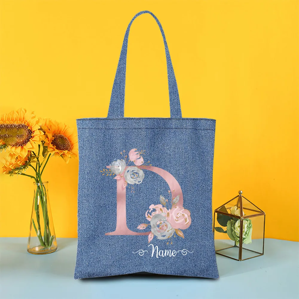 Tas Tote Denim personalisasi huruf dengan tas tangan nama pernikahan pesta lajang tas pengiring pengantin tas bahu perjalanan hadiah untuk wanita