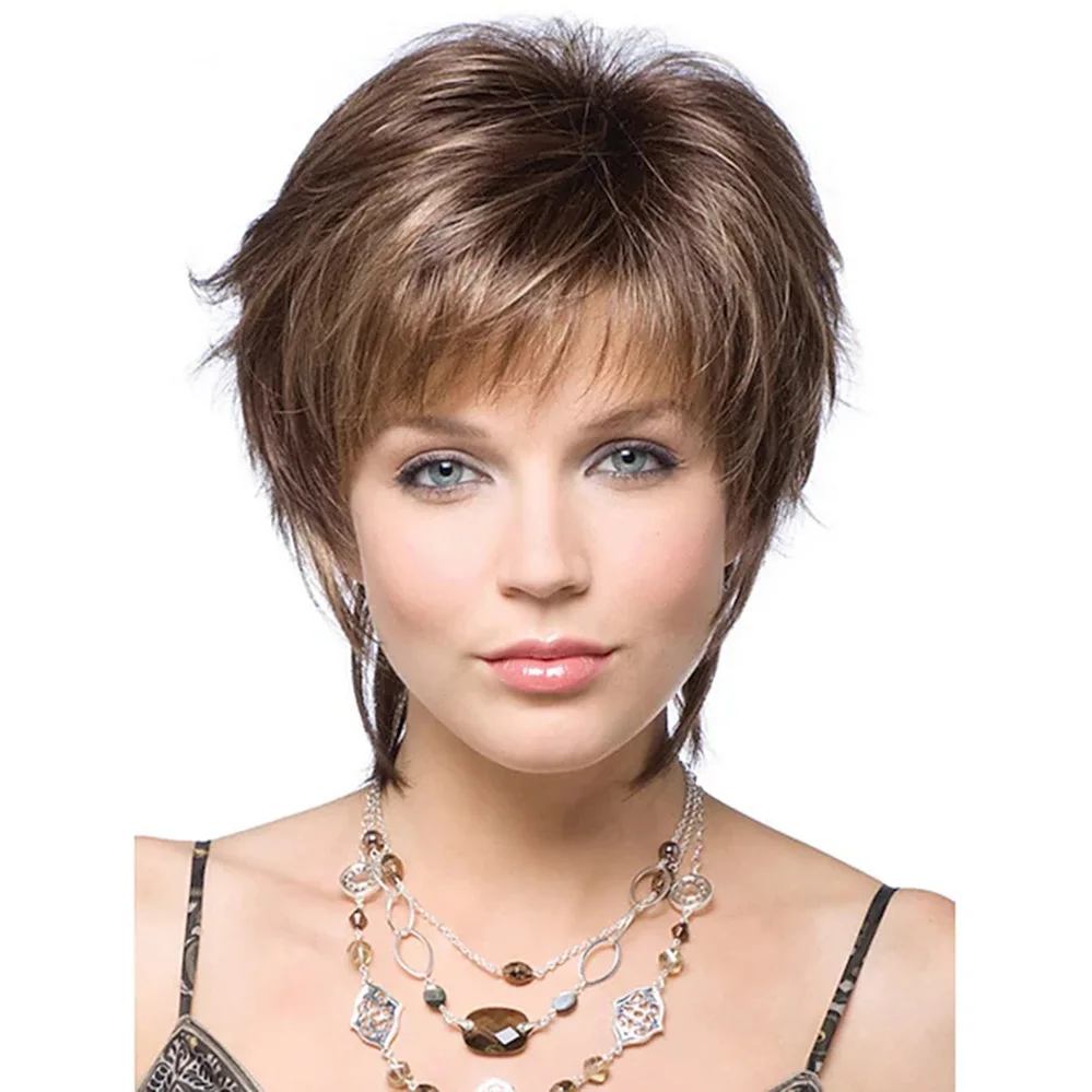 High Quality Brown Synthetic Wig with Natural Wave Layered Haircut and Color Gradient Adjustable for Women 8 Inches in Length