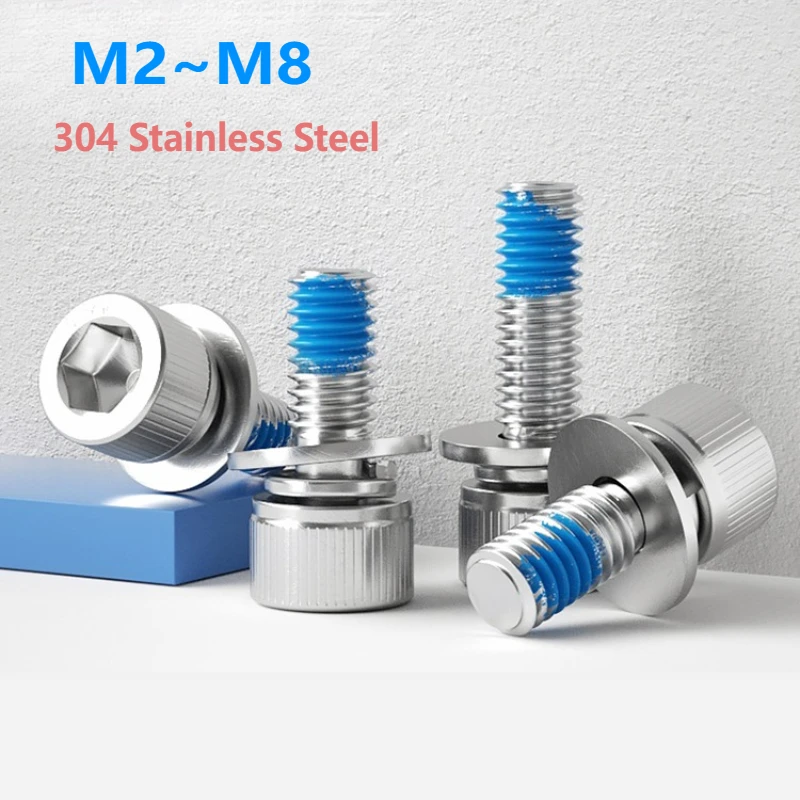 304 Stainless Steel Hexagon Socket Head Knurled with Washers Three Combination Machine Dispensing Screws M2 M2.5 M3 M4 M5 M6 M8