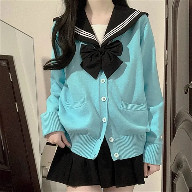 Women Sweet Cardigan Sweaters Button Splice Preppy Style Bow Splice V Neck Jumpers Solid Casual Sweater Patchwork Pockets