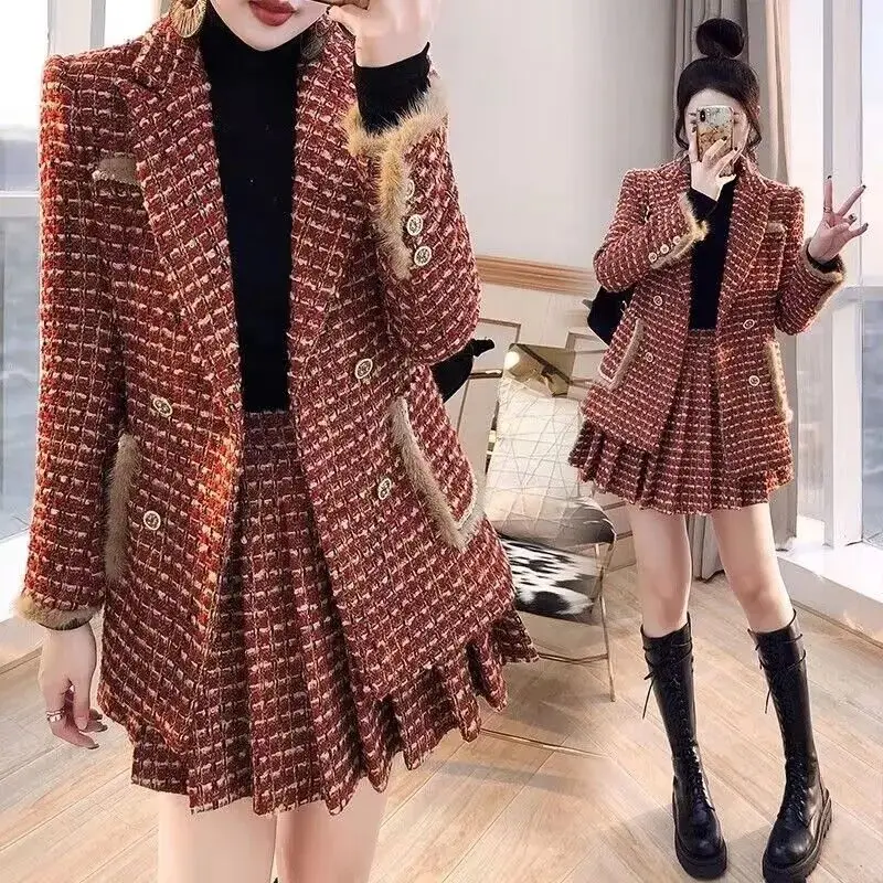 Xiaoxiangfeng autumn and winter new women's suit skirt suit plaid jacket+slim fit skirt two-piece set trendy