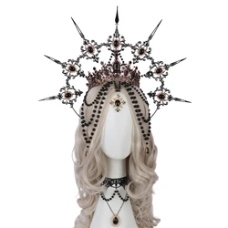 Black Spiked KC Halo Crown Necklace Headpiece Women Girl Goddess Gothic Headband Virgin Mary Baroque Bead Chain Hair Accessories