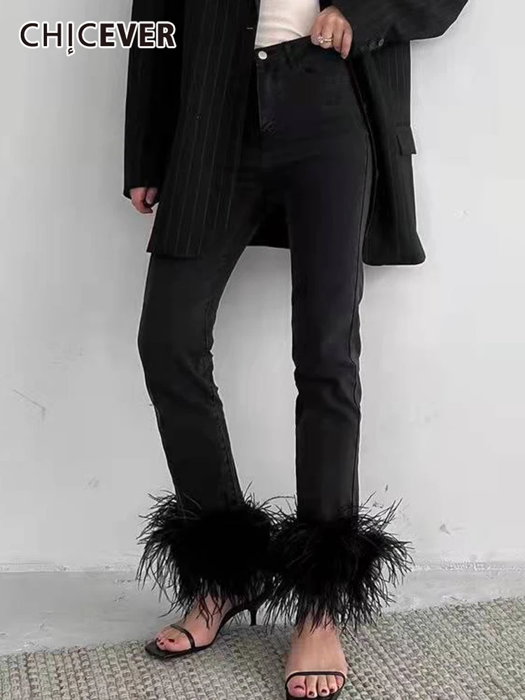 CHICEVER Black Casual Pant For Women High Waist Patchwork Feathers Loose Stright Pants Female 2022 Spring Clothing Fashion Style