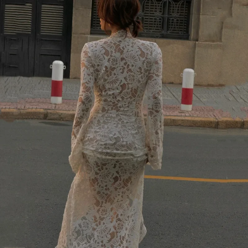 Sexy Hollow Embroidery Lace Slit Tie-up Slim Party Dresses Deep V Horn Sleeve Banquet Slit Perspective Long Dress Women New