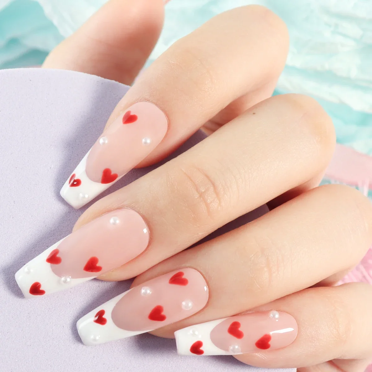 10pcs Handmade Long Press on False Nails Hand Painted Red Love Heart Art Design Full Coverage Acrylic Press on Nails