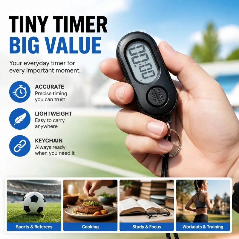Digital Stopwatch Timer Keychain, Small LCD Clock, Lightweight Countdown Timer for Sports, Soccer Referees, Cooking & Study