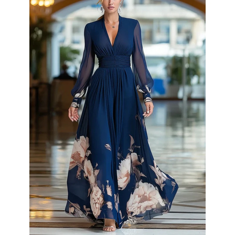 

Elegant Floral Chiffon Long Dress V Collared, Long-Sleeved, Waist-Cinching, Ruffled, Elegant Formal Evening Gown