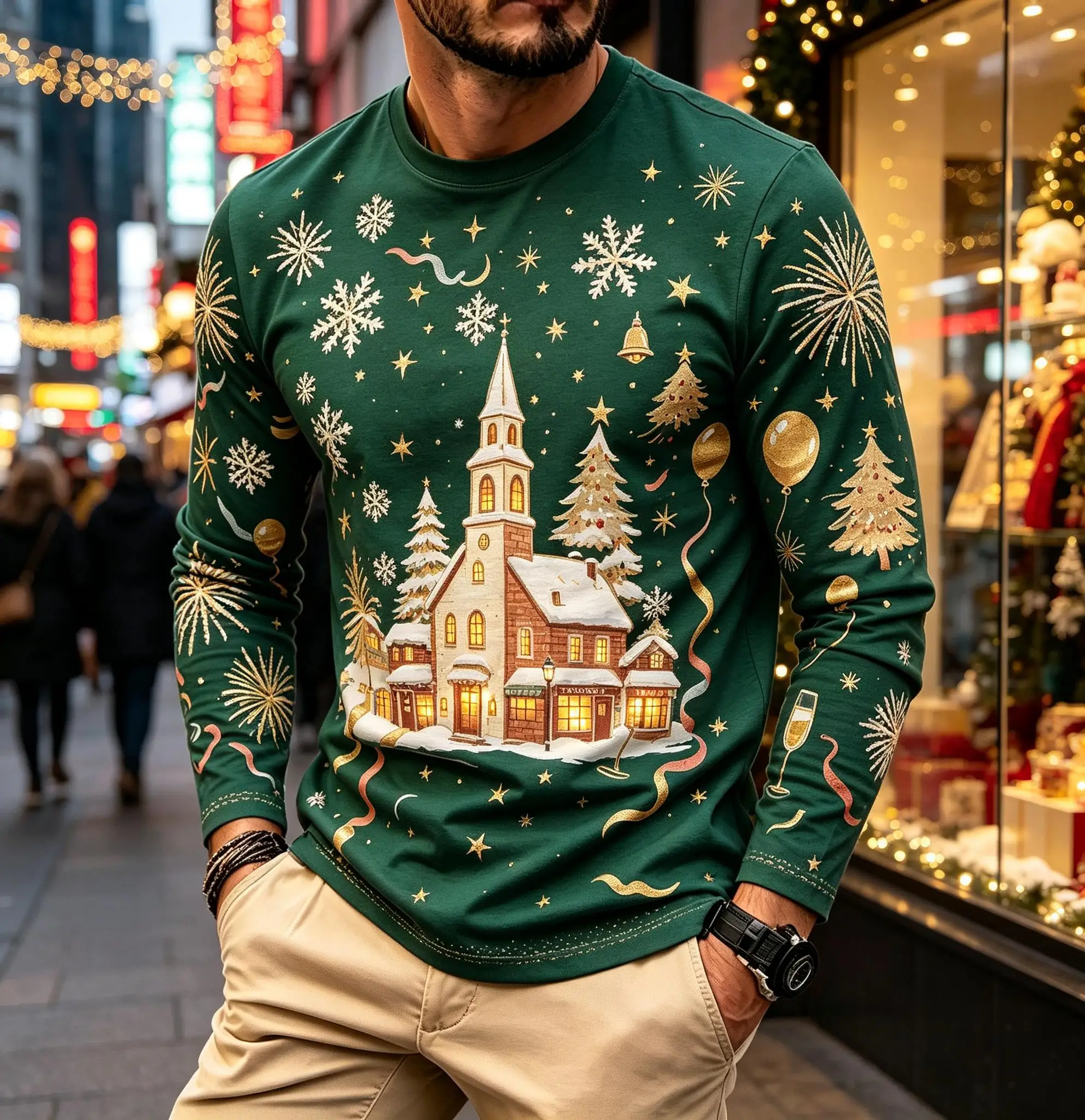 Festive Christmas Snow Town House Snowflake Print Men Long Sleeve T-shirt, Winter Daily Casual Wear Top