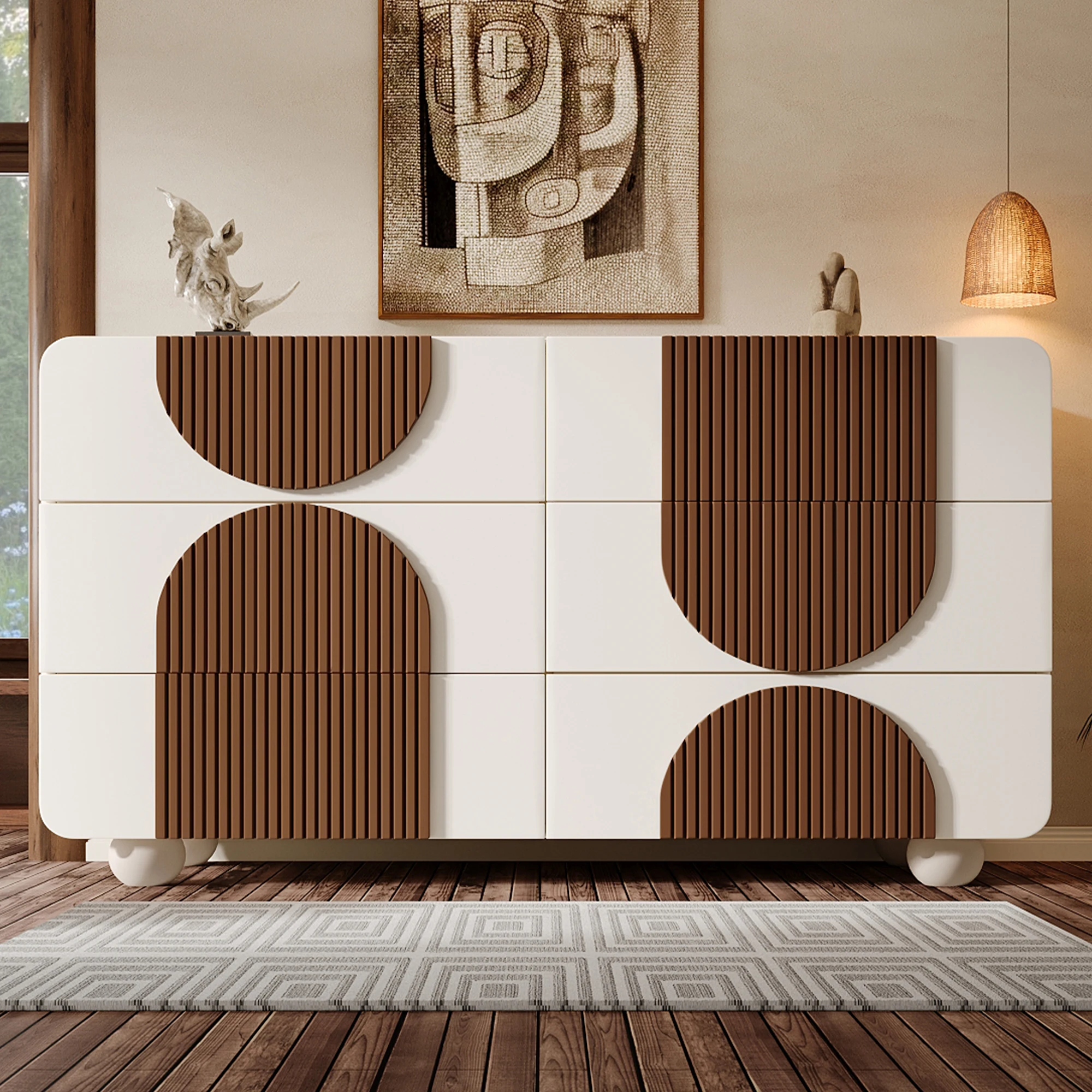 Commode avec 6 tiroirs et design incurvé, buffet élégant en blanc avec bandes de bois de couleur chocolat, blanc