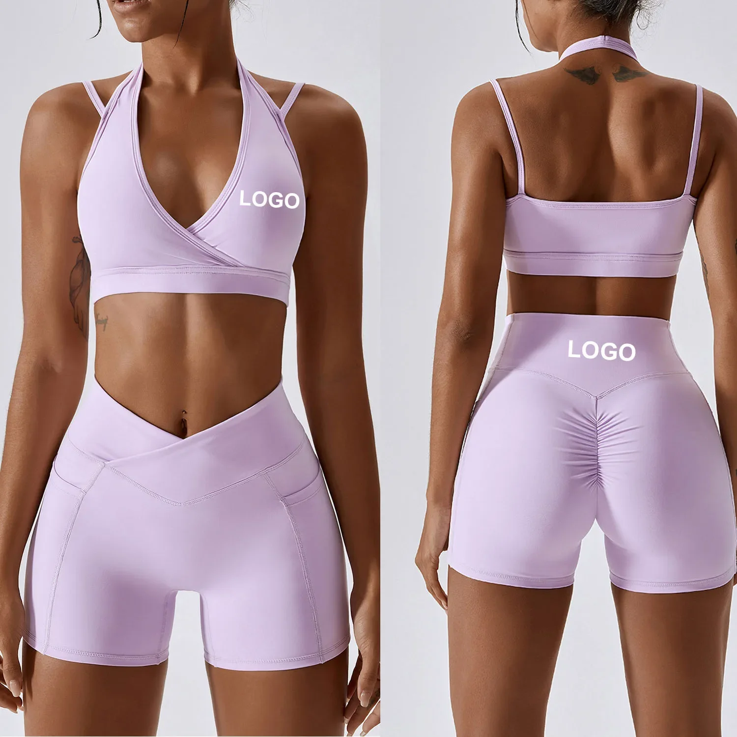 Custom LOGO Butt Lifting Workout Nylon Athletic Matching Sexy Gym Fitness Summer Yoga Biker Women Shorts Sets