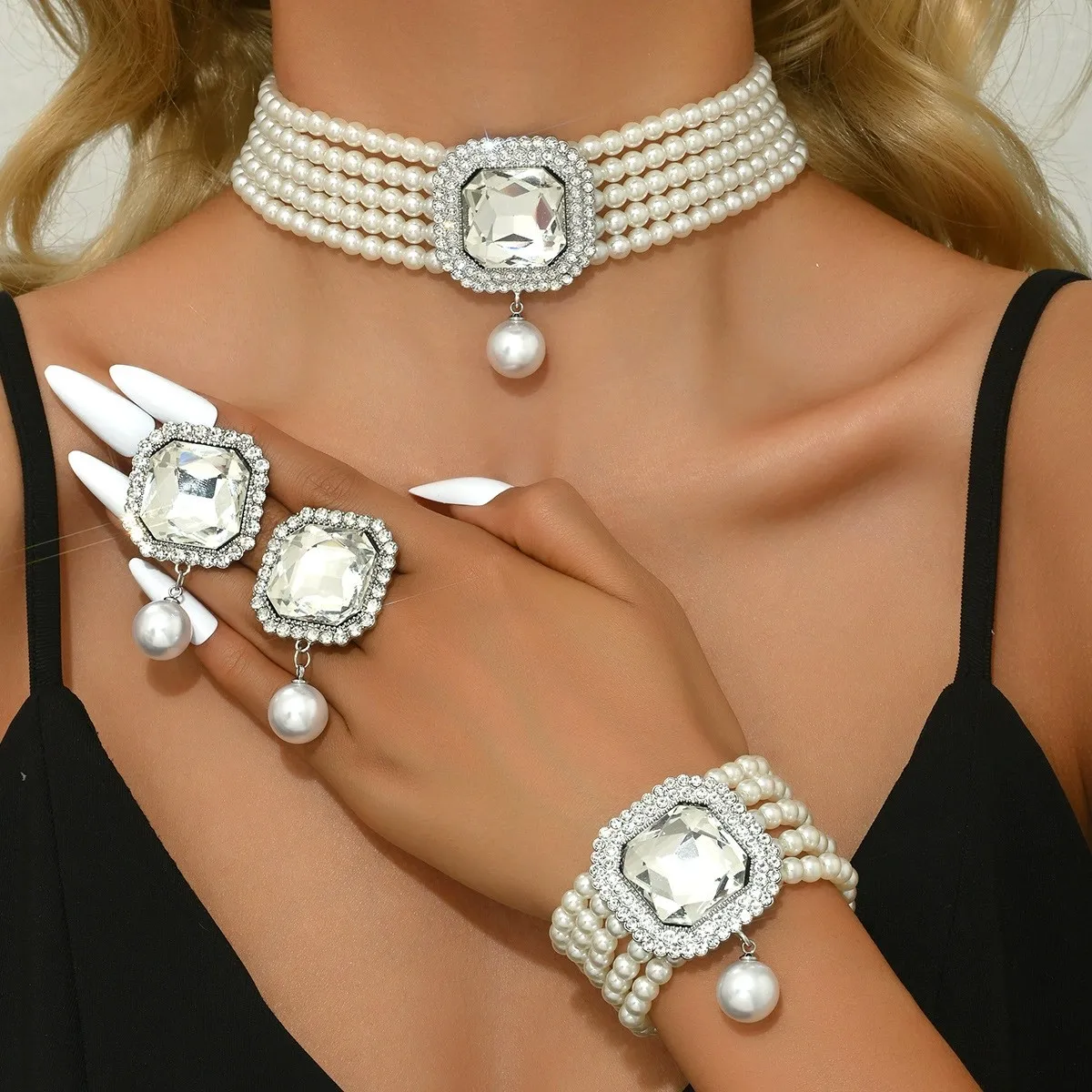 KMVEXO Elegant Crystal Square Imitation Pearl Necklace Bracelet Stud Earrings Set for Women Choker Jewelry Sets Lady Party Gift