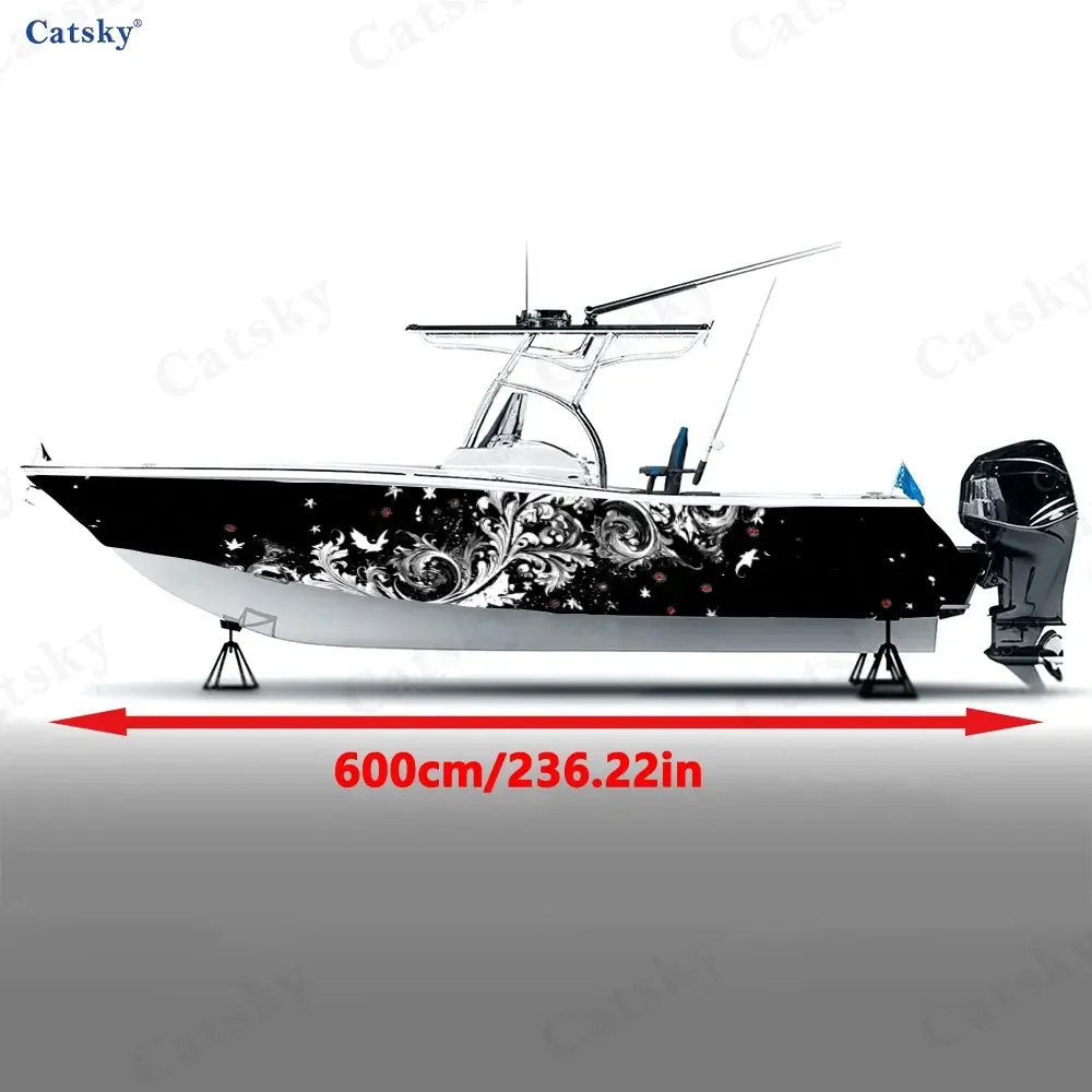 2Pcs Gothic Black & White Scrollwork Boat Sticker, PVC Waterproof Vinyl Wrap Decals for Fishing Boat, Durable and Stylish Design