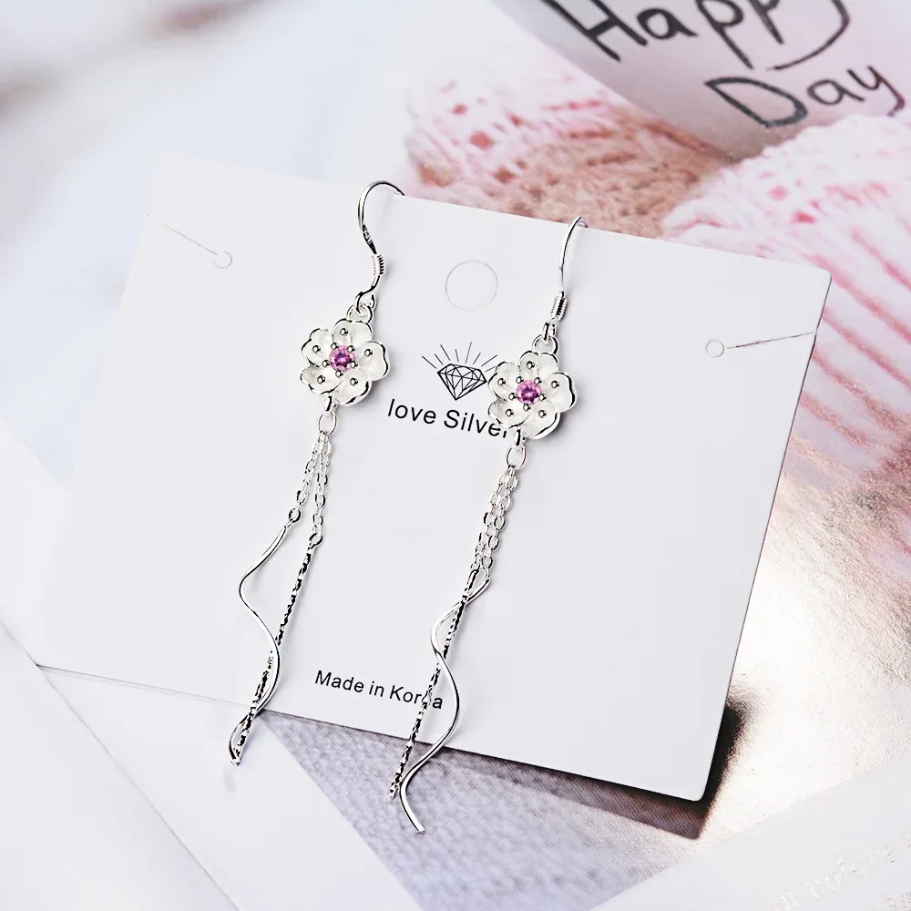 925 prata esterlina coreano longo borla flor brincos para mulheres meninas festa de casamento elegante jóias presente