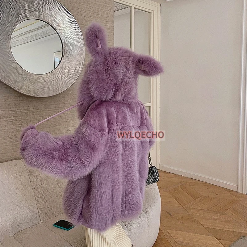 Fashion Luxury Knitted Fur Coat Women New Long Sleeve Purple Cute Rabbit Wool Jackets Autumn Winter Faux Fox Fur Coat With Hood