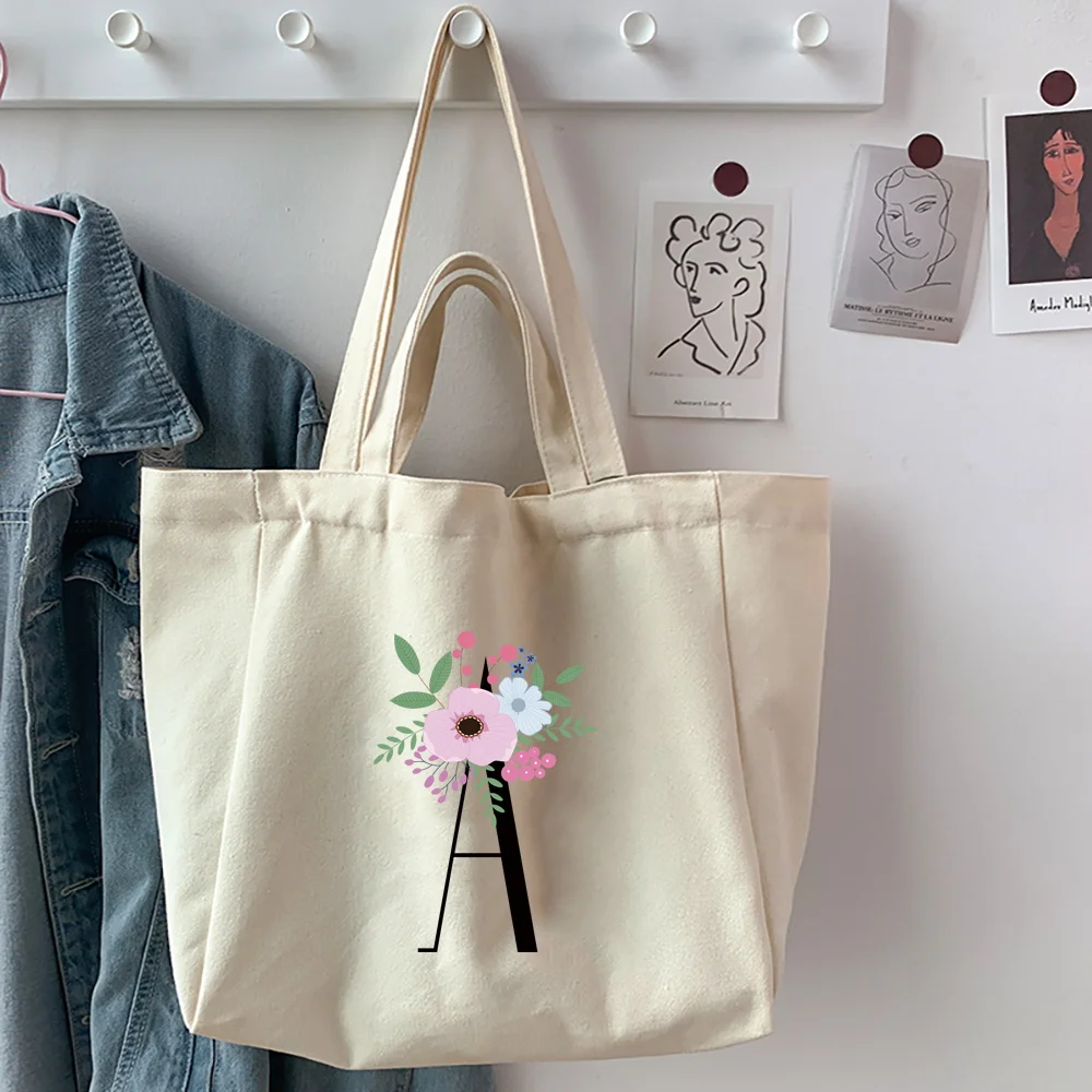 Women's Shopping Organizer Bags Canvas New Style Flower and Black Letter Series Shoulder Bags Reusable Casual Handbag Tote Bags