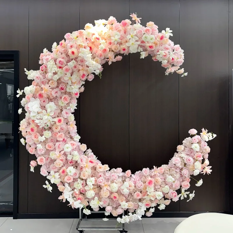 Movable Moon Arch Silk Faux Flower Gate Wedding Graduation Birthday Banquet Hall Decoration
