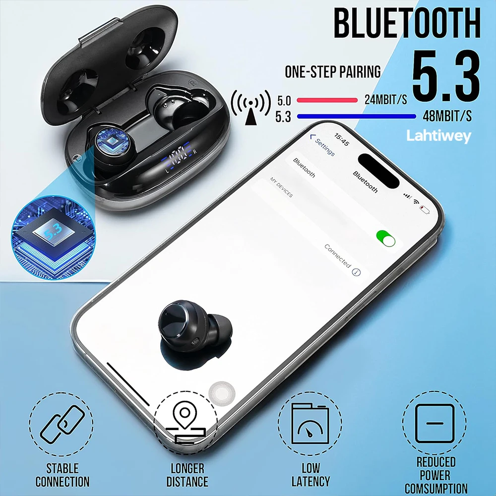 หูฟังพร้อมไมโครโฟน - หูฟังบลูทูธ 5.3 TWS True Wireless Buds กันน้ําพร้อมแบตเตอรี่ 50H และการโทรด้วยเสียงสเตอริโอแบบใส