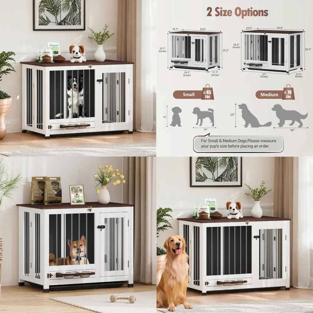 بيت كلب خشبي داخلي مع صينية قابلة للإزالة و360 °   وحدة تغذية دوارة للكلاب المتوسطة والكبيرة - تصميم طاولة نهاية قوي #1