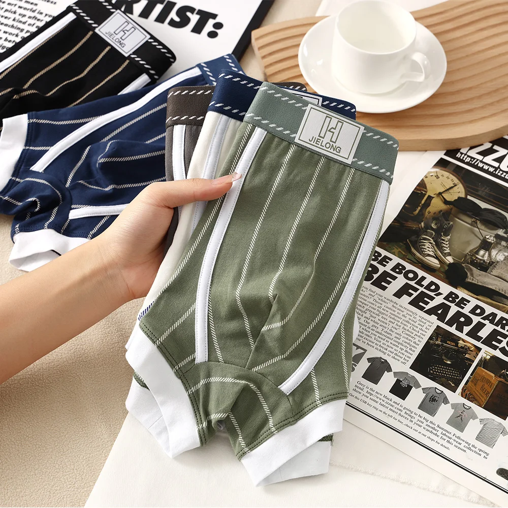 3PCS/Pack 100% Cotton Boxers Hombre Breathable Big U Mesh Crotch Underwear Trendy Striped High Elastic Waistband Men\'s Panties