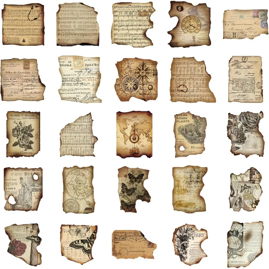 빈티지 저널링 스티커 플래너용 스크랩북 재료 100개 앤티크 지도 프린트 디스트레스드 엣지 포함