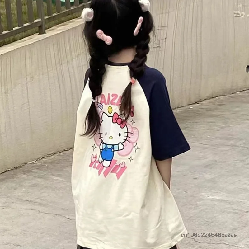 Sanrio New Fashion T-shirts Cartoon Kuromi Melody Contrast Top Women's American Style Loose Tees Y2k Cotton Short Sleeve Tshirt