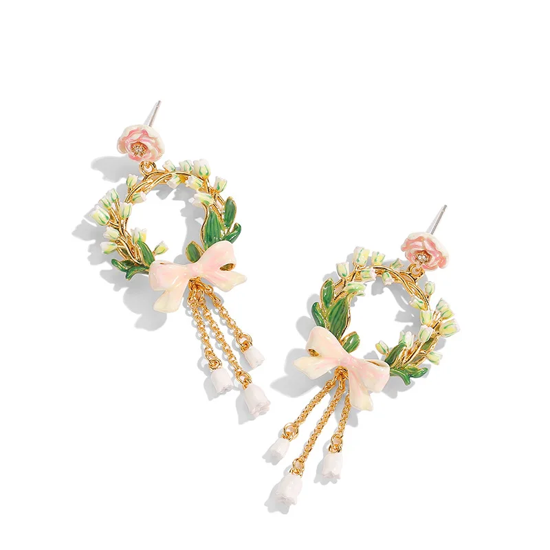 Fashion Enamel Glaze Pink Rose Butterfly Knot Bell Orchid Blossom White Lily of the Valley Long Tassel Earrings Necklac for Girl