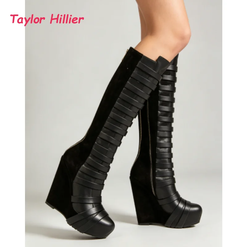 Black Platform Wedge Knee High Boots Women's Multi-Strap Leather Suede Gothic Style Fashion Round Toe Back Zipper Boots image 4