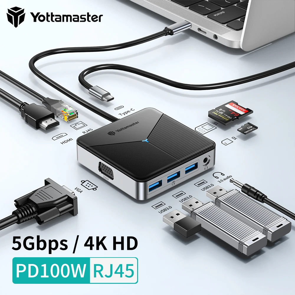 Yottamaster USB C Docking Station Dual Monitor 10in1 Triple Display USB C Hub Multiple Adapter for Laptops/Tablets Plug and Play