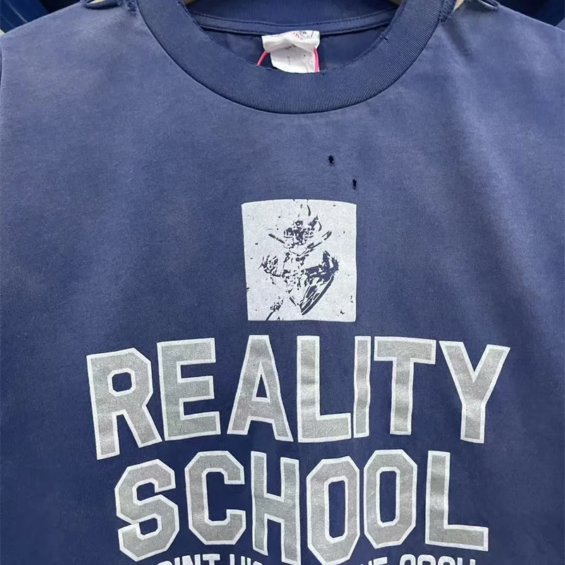 26SS High Street Vintage Washed Blue Saint Distressed T-Shirt Letter Print Cotton Premium Quality